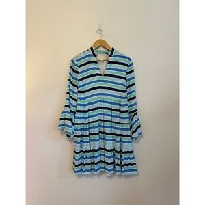 Sail to Sable Blue Striped Tiered V-Neck Bell Sleeve Mini Dress | Size Small
